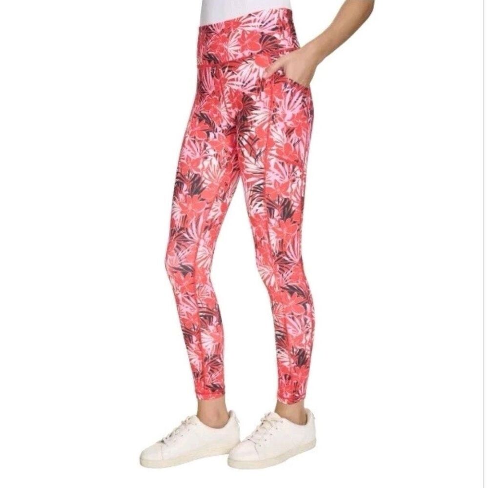 DKNY Sport Leggings Dizzy Tropics Printed Yoga High Waisted Sz L w/ Pockets NWT